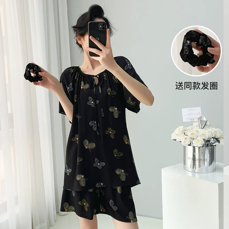Qadınlar üçün qabarmaya qarşı pambıq ipək pijama 2026 yeni yay qısaqol şort ev paltarları gənclər üçün nazik geyinir
