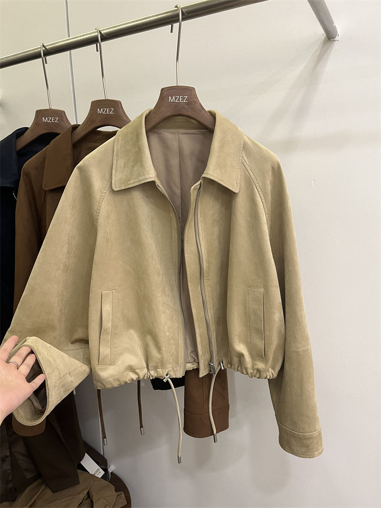 Qadın üçün qısa zamşa gödəkçə, yeni 2026 yaz, Avropa üslubunda, polo yaxası, zərif miniatür üslubda, motosiklet beysbol gödəkçəsi.