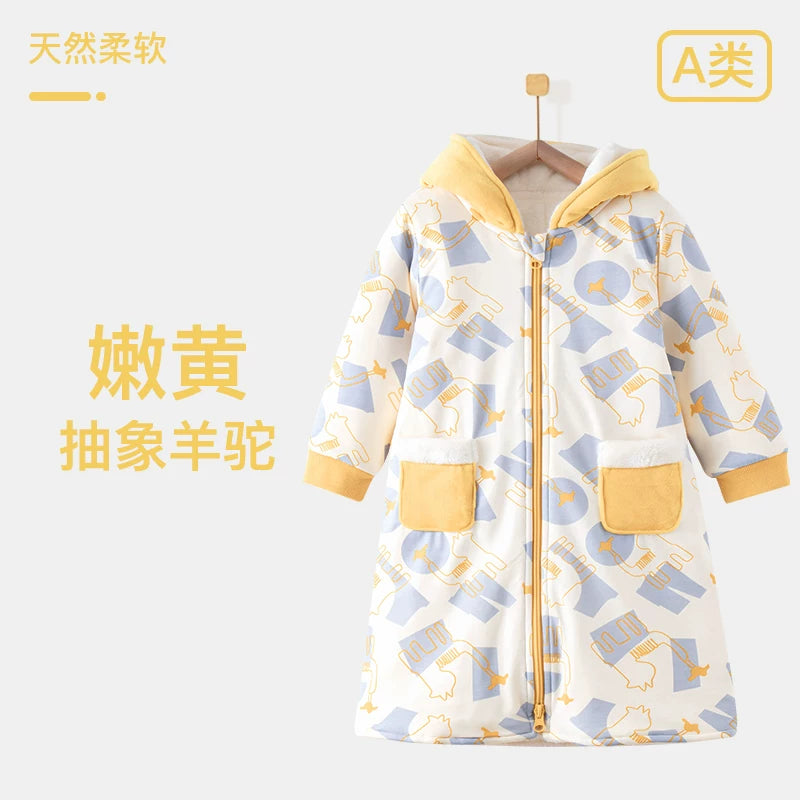 Körpə qış isti xalat, körpə pijamaları, oğlan və qızlar üçün yun astarlı, qalınlaşdırılmış uşaq mərcan yun ev xalat pijamaları