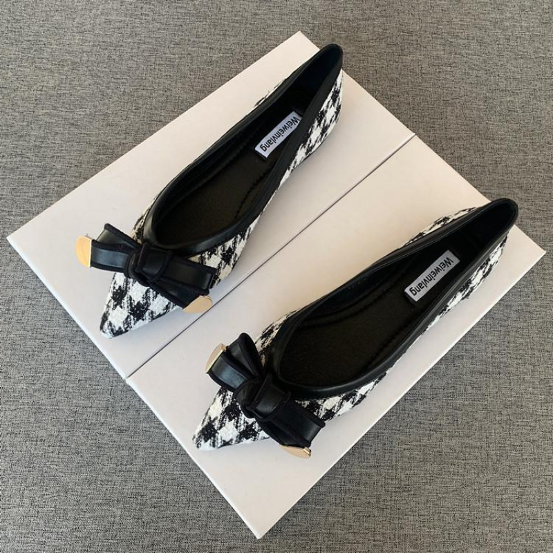 Uclu Düz Qadın Ayaqqabıları 2023 Yeni Houndstooth Bow Ladies S