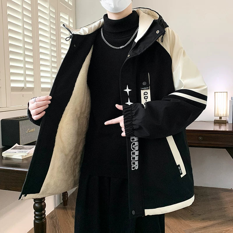 Yun astarlı və qalınlaşdırılmış kişi pambıqlı palto, dəbli Koreya üslubunda başlıqlı pambıqlı gödəkçə, şık, çox yönlü və isti kişi pambıqlı geyimləri