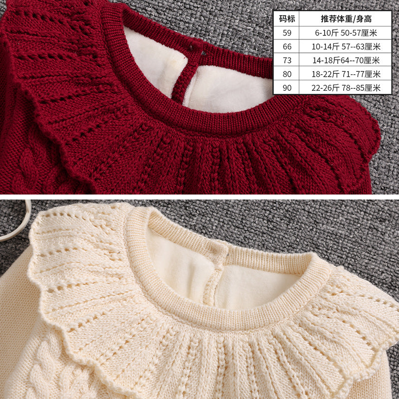 Qız uşağı üçün qış sviteri, yun astarlı, yeni doğulmuş/tam aylıq körpə geyimləri, şahzadə stilində şık romper, ilk ad günü dəsti, qırmızı.