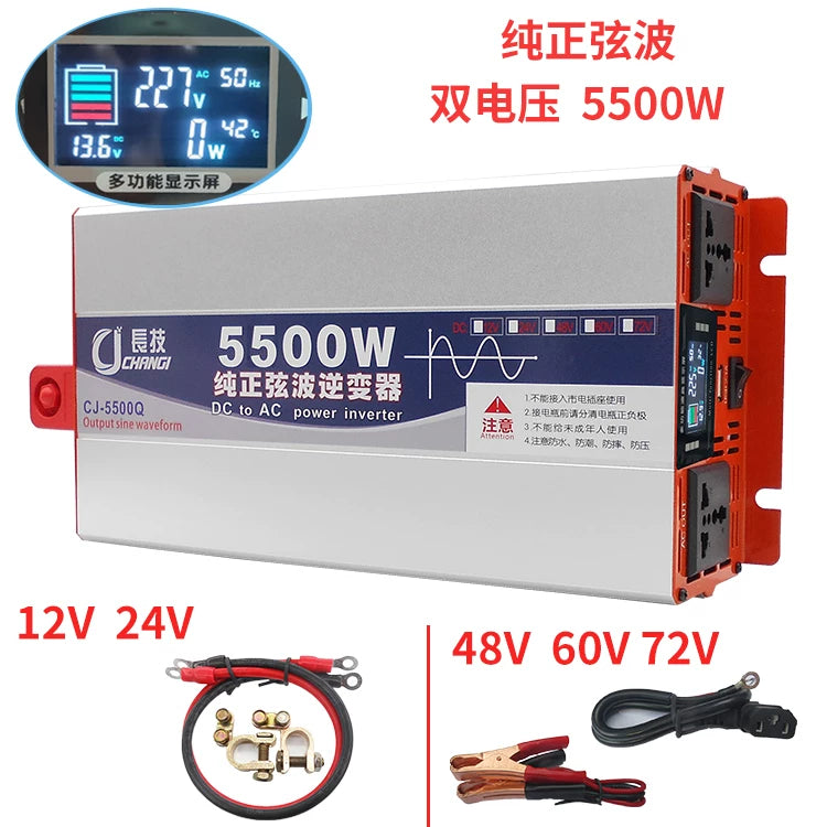 Avtomobil və məişət istifadəsi üçün universal ikiqat gərginlikli təmiz sinus dalğası inverteri 12V/24V-dən 220V/48V/60V/72V-ə qədər geniş gərginlik diapazonu