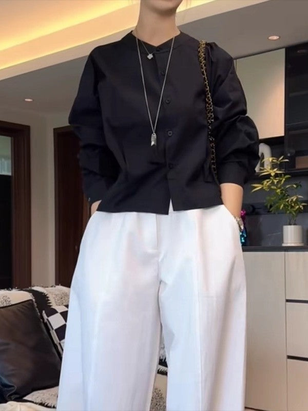 Qadınlar üçün böyük ölçülü, şık qara köynək, 2026-cı ilin yazının əvvəlləri üçün yeni model, geniş formalı, arıqladıcı, uzunqol köynək.