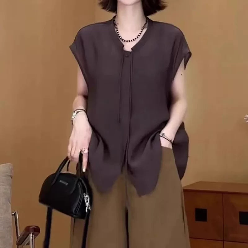 Qadınlar üçün böyük ölçülü, şık və zərif qalstuklu bluzka, yeni yay stili, geniş formalı, arıqladıcı, çoxfunksiyalı qısaqol köynək.