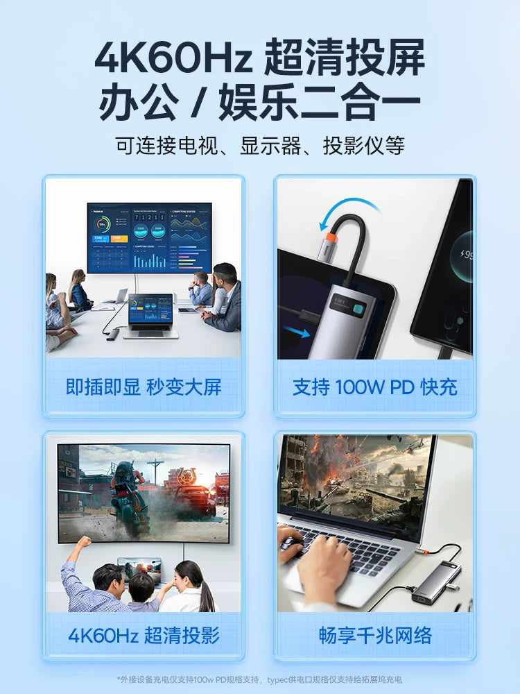 Baseus dok stansiyası Type-C-dən HDMI proyeksiyasına USB splitter adapter mərkəzi Kompüterlər, iPad-lər, noutbuklar, planşetlər və mobil telefonlar üçün Thunderbolt 4 çoxportlu Ethernet çeviricisi
