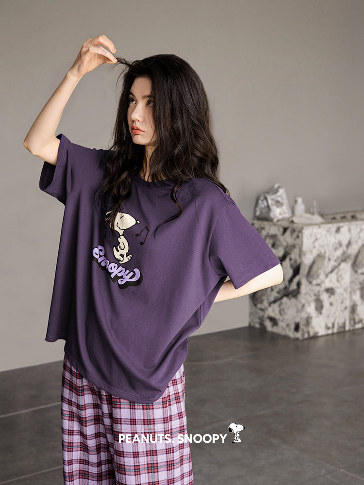 Qadınlar üçün Beiyan Snoopy pijama, nazik pambıq qısaqol, plaid şalvar, böyük ölçülü kostyum ev paltarından kənarda geyinmək olar