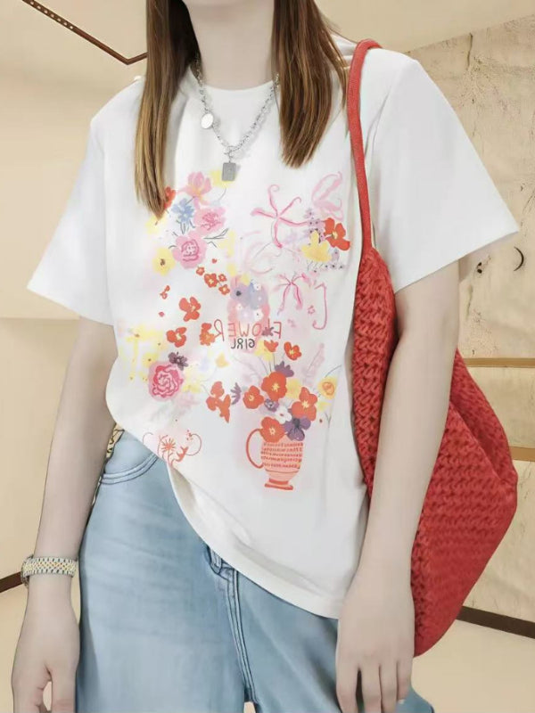 Böyük Ölçülü Qadın Geyimləri 2026 Yay Yeni Stil Dəbli Naxışlı Boş Forma, Düz Çiyinlərlə, Arıqladıcı Saf Pambıq Qısa Qollu Top