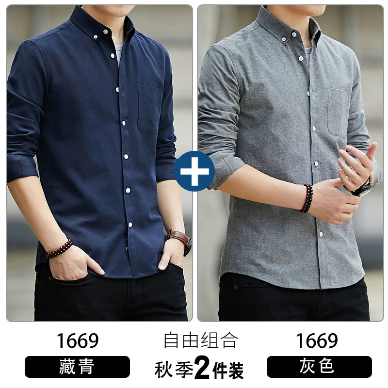 Kişilər üçün uzunqol köynək, gənclik üslubunda, boş forma, dəbli brend, yüksək səviyyəli Oksford parça, düz rəng, payız geyimi, gündəlik üst geyim.