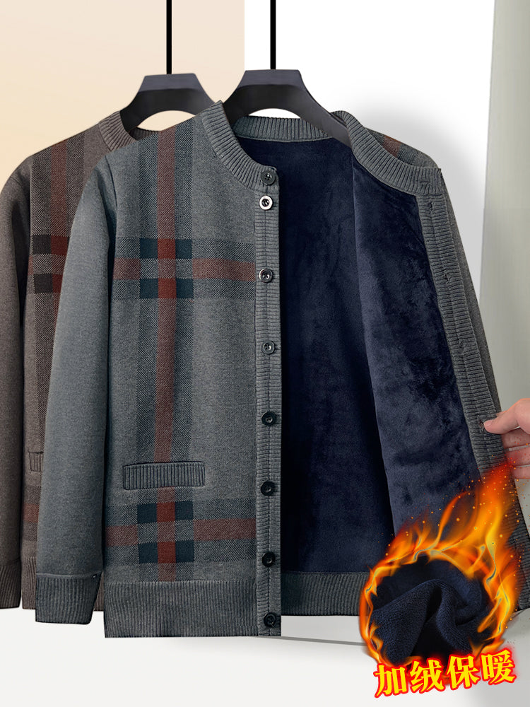 Payız və qış qalın flis hırka, orta və yaşlı insanlar üçün isti, dairəvi yaxalı düyməli toxunma sviter palto, baba köynəyi