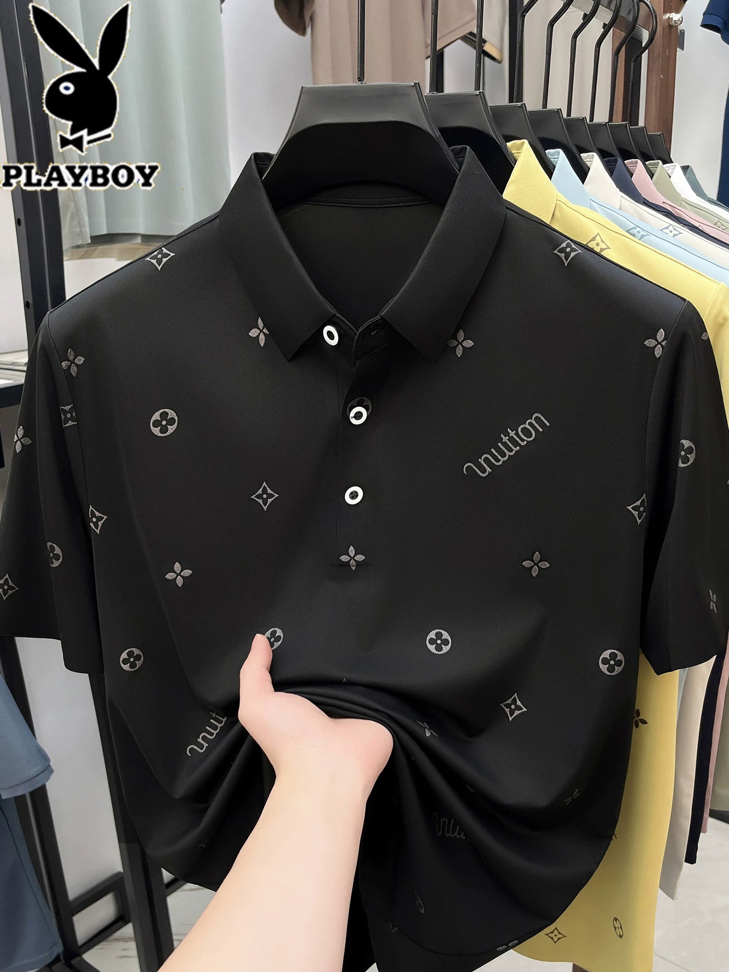 Playboy buz ipək qısaqol kişi yay köynəyi kişilər üçün yeni moda yarımqol tikişsiz sərin POLO köynək topları