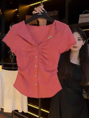 Moruqlu çəhrayı rəngli incə qısaqol köynək, böyük ölçülər üçün, yay, tək sinəli kəpənək formalı top