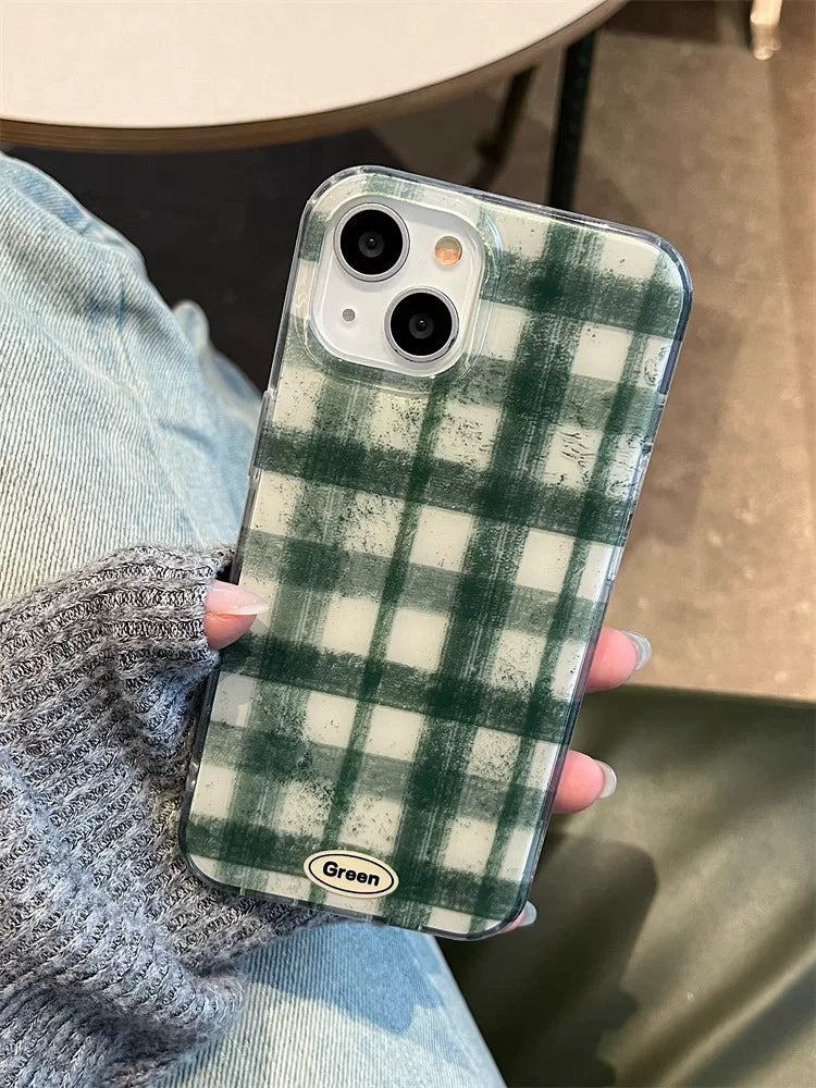 Apple 15promax mobil telefon qutusu üçün uyğun yaşıl plaid sevgi barmaq tokası yeni yüksək səviyyəli hiss 14 üçölçülü sadəlik 13 ikiqat kreativ 16 hər şey daxil iphone 15 pro niş 17 qadın ins məşhur