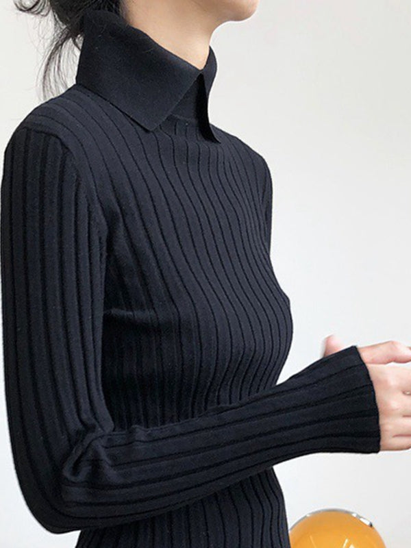 Yaz, Payız və Qış Uzunqollu Trikotaj Polo Köynək, Peter Pan Yaxalıqlı Sviter, Çoxfunksiyalı, İncə Formalı, Qəşəng Qara Top