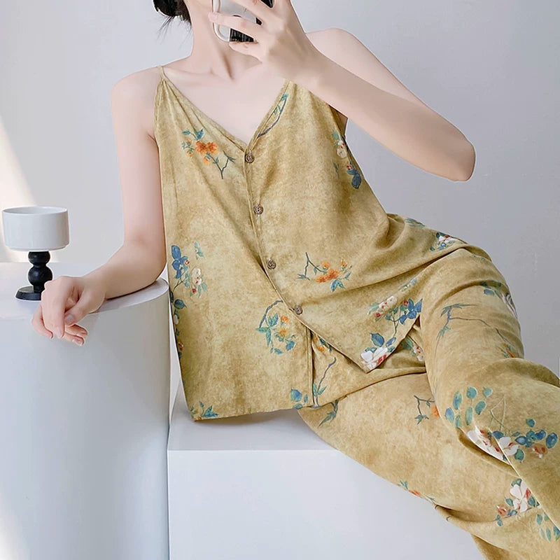 Qadınlar üçün yeni Çin üslublu milli üslublu pijama yay pambıq ipək yüksək səviyyəli yeni Çin üslubunda milli üslubda ev paltarları dəsti nazik süni pambıq