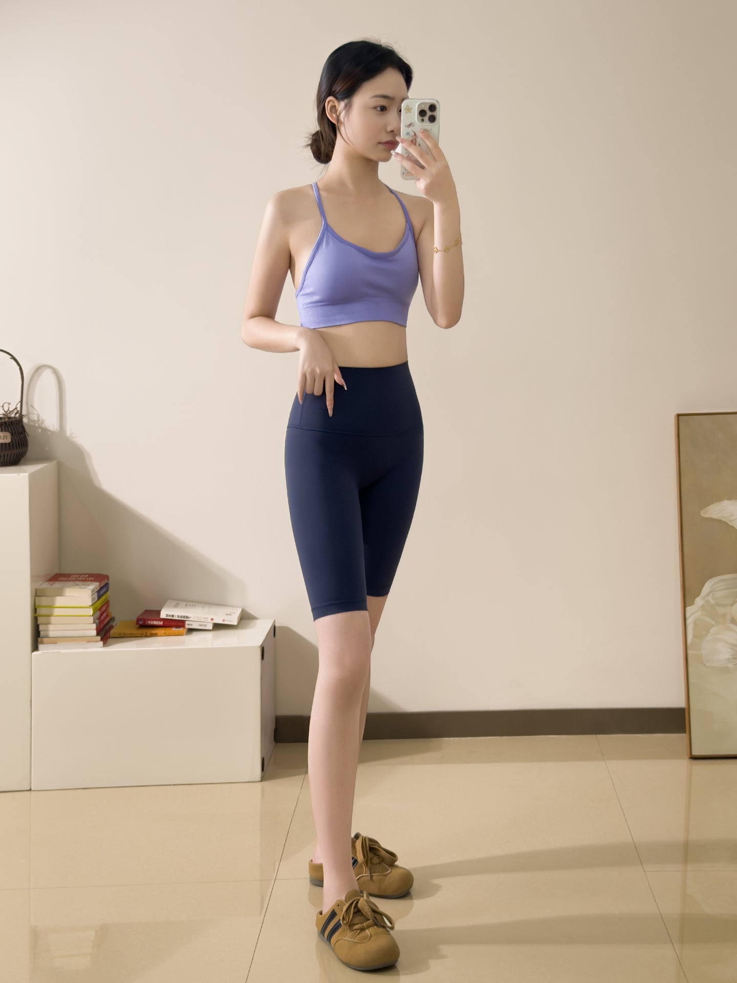 LAN Xiaoke Mavi yoqa şortu arıqlayan yüksək belli beş nöqtəli yoqa şalvarları fitness şalvarları qaçış şalvarları idman şortu açıq havada
