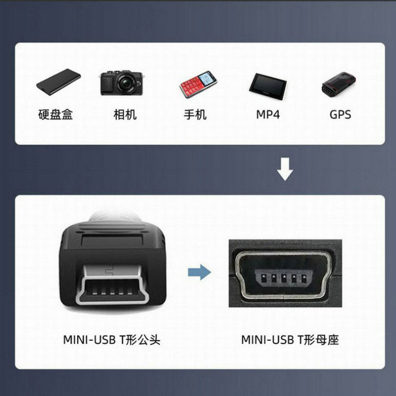 fiksasiya üçün vida deşikləri olan mini USB uzatma kabeli mini T-port kişidən qadına qulaqlı uzatma kabeli T-port 5P çevirici trapezoidal köhnə dəbli miniusb qadın oturacağı sürücülük yazıcısı avtomobil
