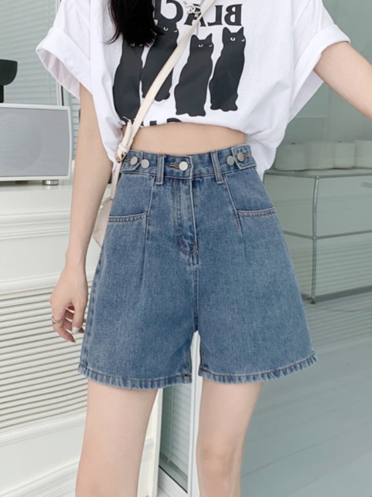 Qadınlar üçün böyük ölçülü, yüksək belli mavi denim şort, yay üçün mükəmməldir, armud formalı və bir az dolğun qadınlar üçün uyğundur, arıqladıcı enli kapri şalvar.