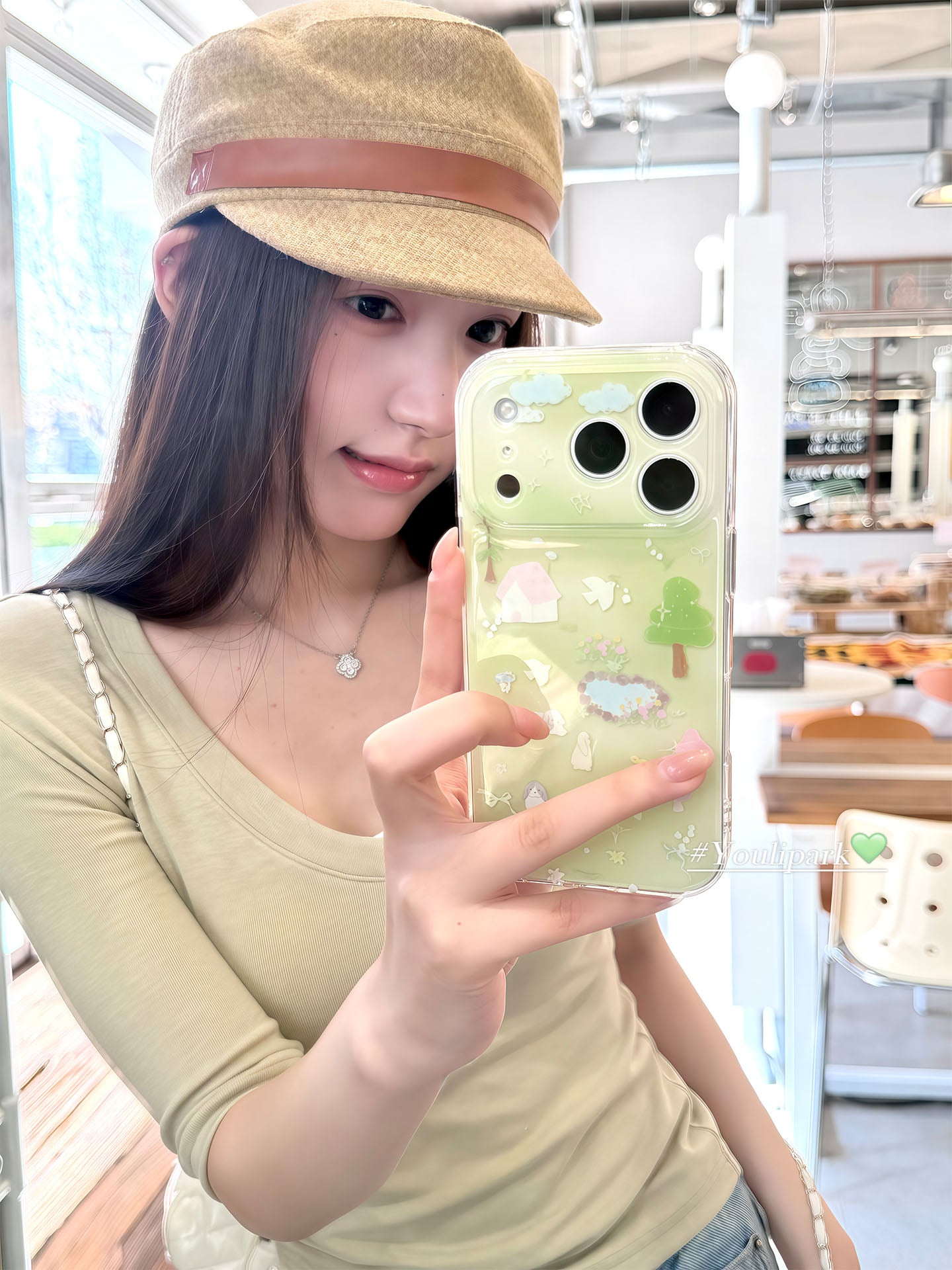 Yuri Park ins Koreya baharı şirin yaşıl çəmən balası illüstrasiya 17 17pro Apple 17ProMax cib telefonu qabı iPhone16 hər şey daxil 14 yeni 16Promax qoruyucu qutu