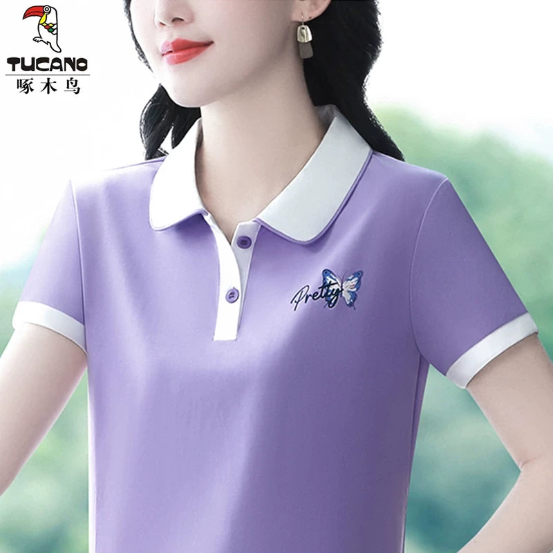 Clearance Pickup Woodpecker Orijinal Satılır Pambıq POLO Köynək Qısaqol Yay Çox Yönlü Moda İncə Rahat T-Shirt Qadınlar üçün