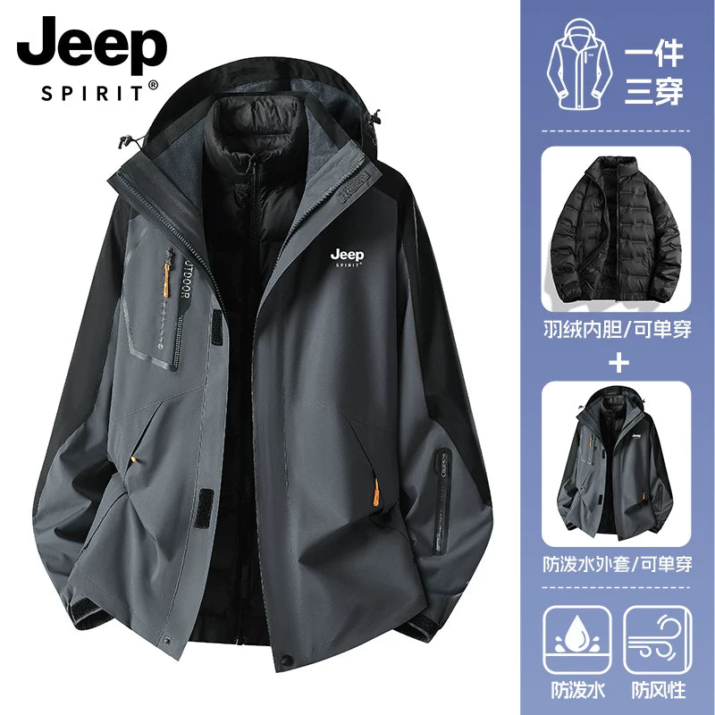 JEEP Kişilər üçün 2025-ci il Yeni Model Yaz, Payız və Qış Üçlü Birdə Yun Astarlı Qalın Kişi Üst Geyimləri