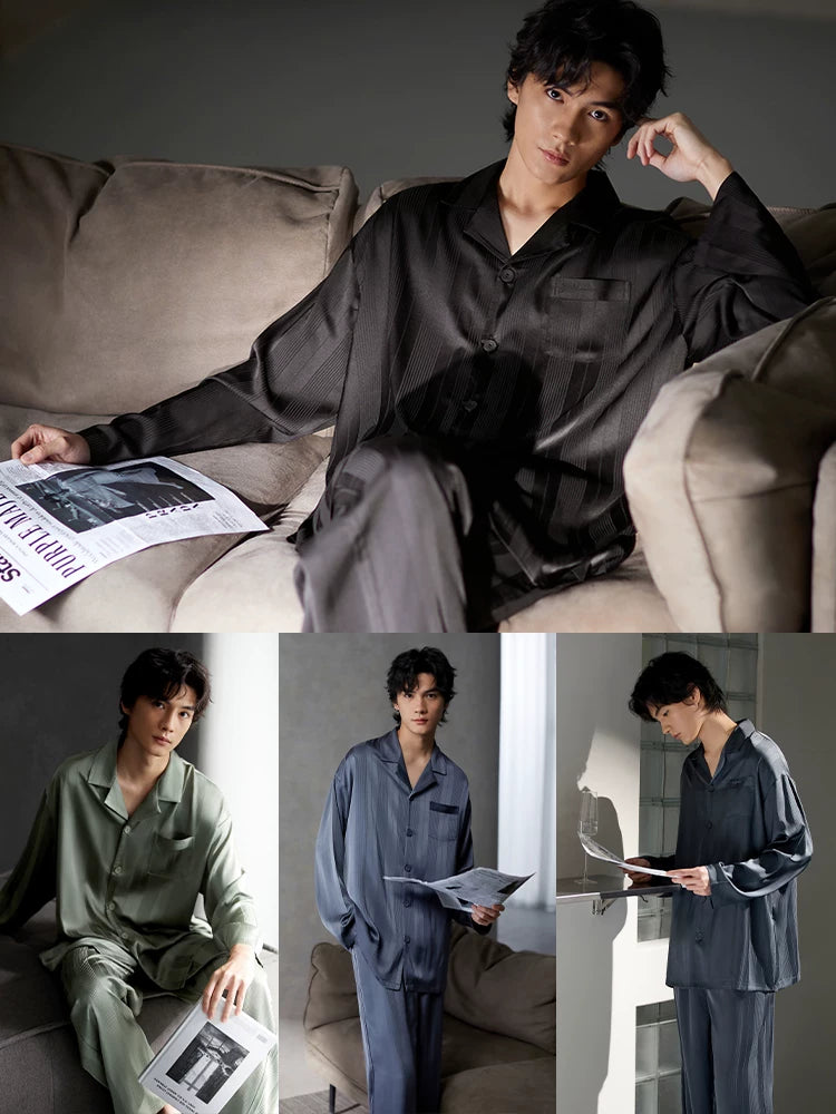 Yuenei kişi pijama yaz və payız buz ipək uzunqol ev paltarları kişi ipək imitasiya ipək yay nazik stil yüksək-end