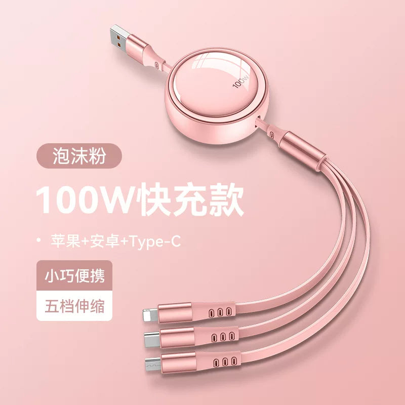 Avtomobil şarj cihazı, 100 Vt məlumat kabeli, super sürətli şarj, 3-ü 1-də geri çəkilə bilən kabel, Apple, Android və Type-C ilə uyğundur.