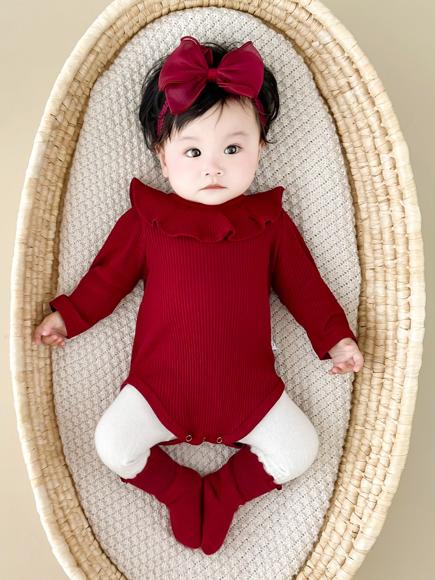 Qızlar üçün Fransız Uamtor Payız Körpə Onesi, Tam Ay/100 Günlük Şahzadə Romperi, Qırmızı Bəzəkli Kostyum