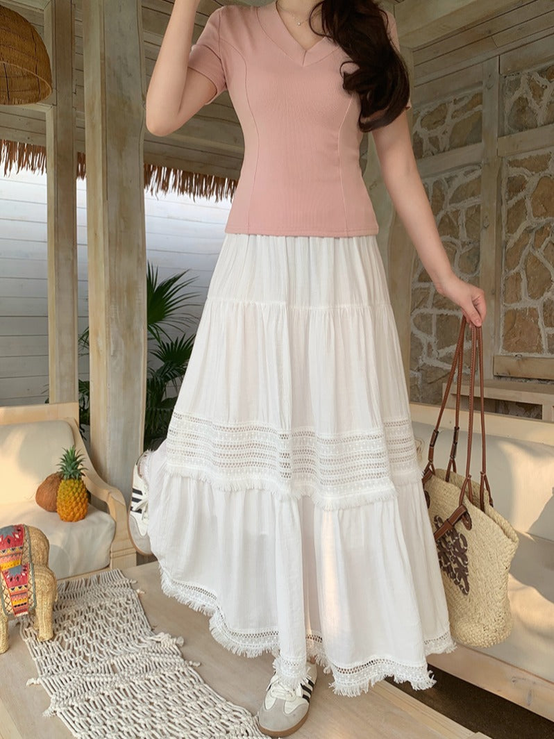 Artıq ölçülü qadınlar üçün yüksək belli, püsküllü A-xəttli ətək, yeni yay stili, artıq ölçülü qadınlar üçün gözəl və arıqladıcıdır.