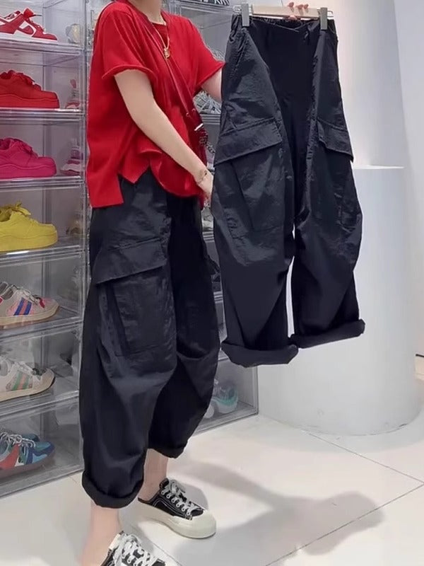 Qadınlar üçün tez quruyan əyri yük şalvarı, 2026 yay stili, nazik, böyük ölçülü, yüksək belli, boş, gündəlik, arıqladıcı, çoxfunksiyalı banan şalvar