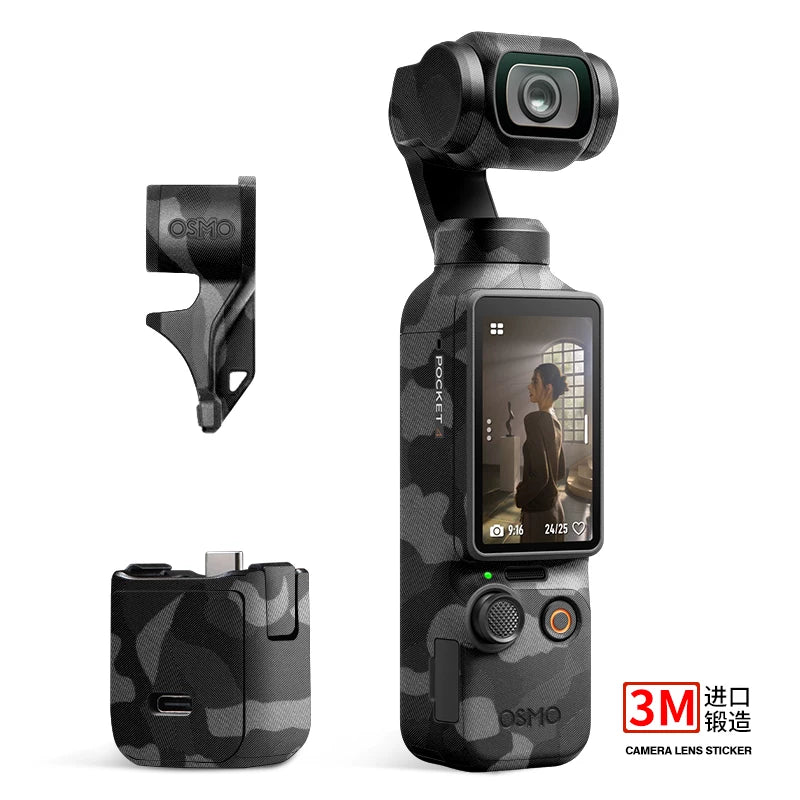 DJI POCKET4/3 stikerləri üçün uyğundur DJIpocket3ar film idman kamerası silikon bazası 3M kamuflyaj qara karbon fiber qara hər şey daxil cib 3 film aksesuarları