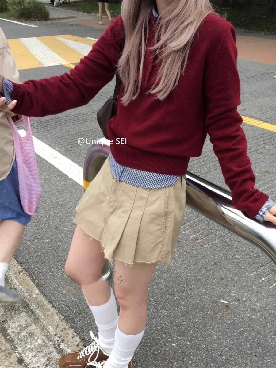 Unikal SEI Küçə Stilində Koreya Tənbəl Polo Yaxalıq Düyməli Boş Gündəlik Çoxfunksiyalı Uzunqollu Trikotaj Sviter