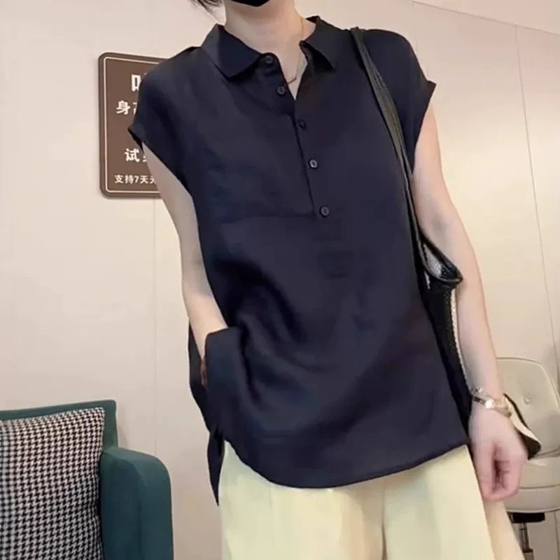 Avropa üslubunda, yüksək keyfiyyətli qara rəngli, qadınlar üçün qısaqol polo köynək, yeni yay üslubunda, arıqladıcı, geniş və çoxfunksiyalı top.