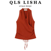 Chola Lisa Fransız üslubunda yüksək keyfiyyətli qırmızı yedəkli yaxalı V-yaxalı qadın topu, yay üçün nazik, incə formalı qolsuz jilet köynək