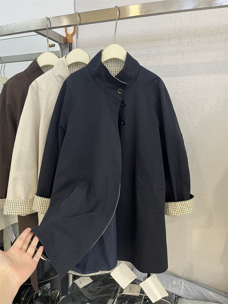 Koreya Dongdaemun üslubunda qadınlar üçün orta uzunluqlu trençkot, 2025 payız yeni dəbi, kiçik ölçülü, dizayner gündəlik gödəkçə.