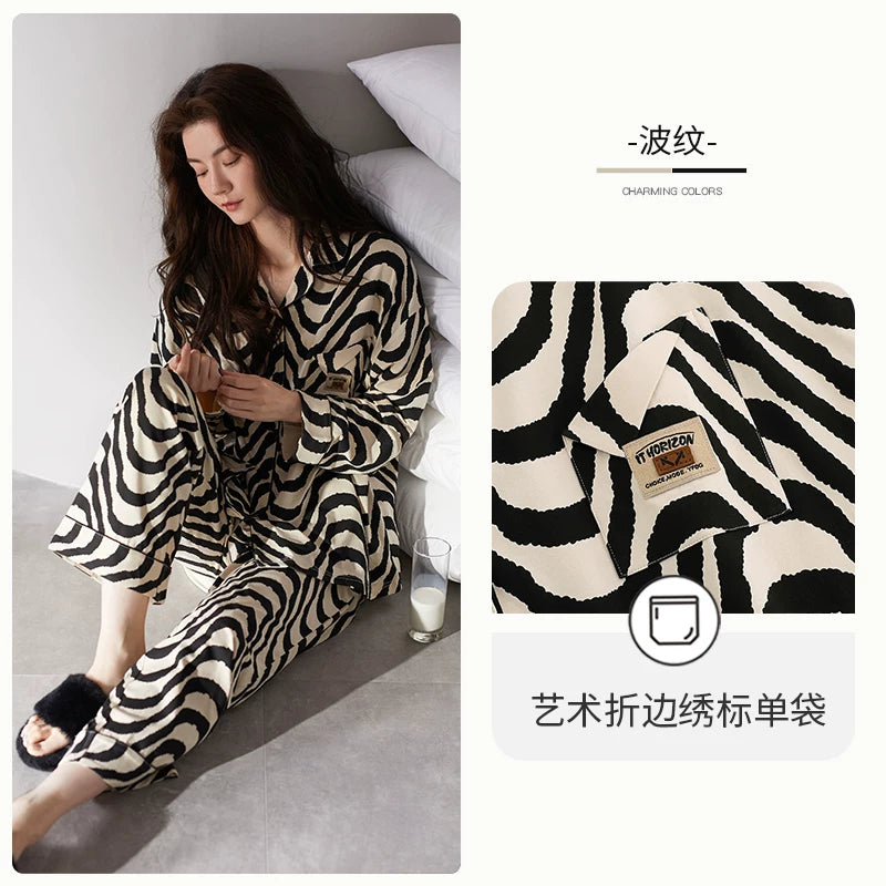 Jialefen Qadınlar üçün Yaz və Payız Modalı Uzunqollu Ev Geyimi Yay İncə Zebra Dəsti Qara Yüksək Ucuz Stil