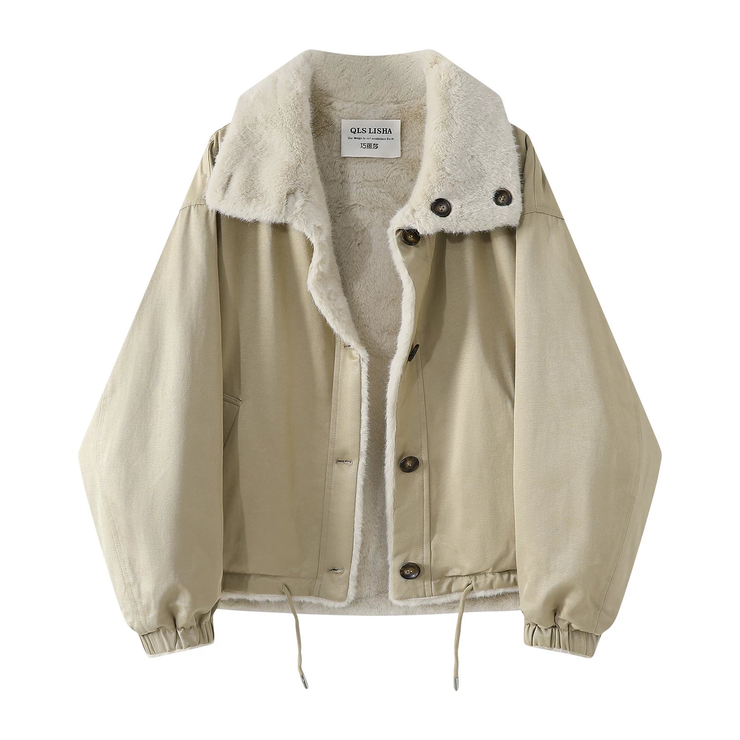 Chorlisa Koreya üslubunda şık, gündəlik, boş, yun astarlı qalın, iki tərəfli quzu yunundan hazırlanmış qadın paltosu/gödəkçəsi, payız və qış üçün