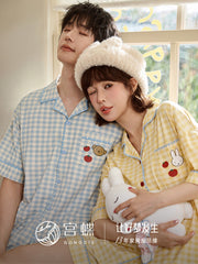 Gongdie [sərin tip] Qadınlar üçün Miffy cüt pijama kişilər üçün yay qısaqol pambıq plaid hırka böyük ölçülü ev geyimi