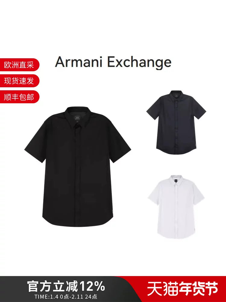 AX Armani Men's Cotton Slim Fit Button Down Collar Short Sleeve Shirt 8NZCBF ZN10Z