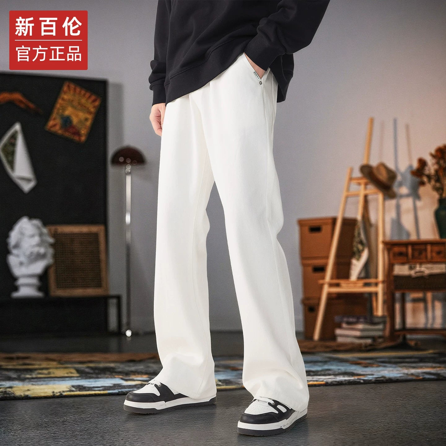 New Balance Amerika üslubunda qara cins şalvar, kişilər üçün payız/qış, yun astarlı, incə formalı, təmiz pambıqdan hazırlanmış gündəlik uzun şalvar