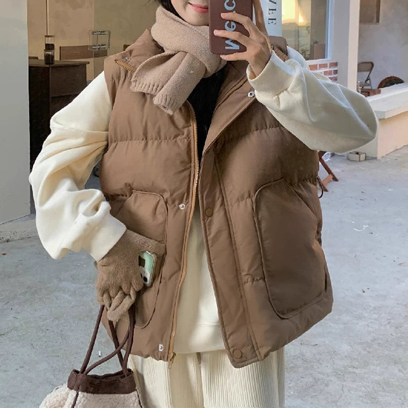 Koreya üslubunda qadın pambıq jileti, 2026 payız/qış, böyük ölçüdə, boş formada, bel sıxan, arıqladıcı, zərif top.