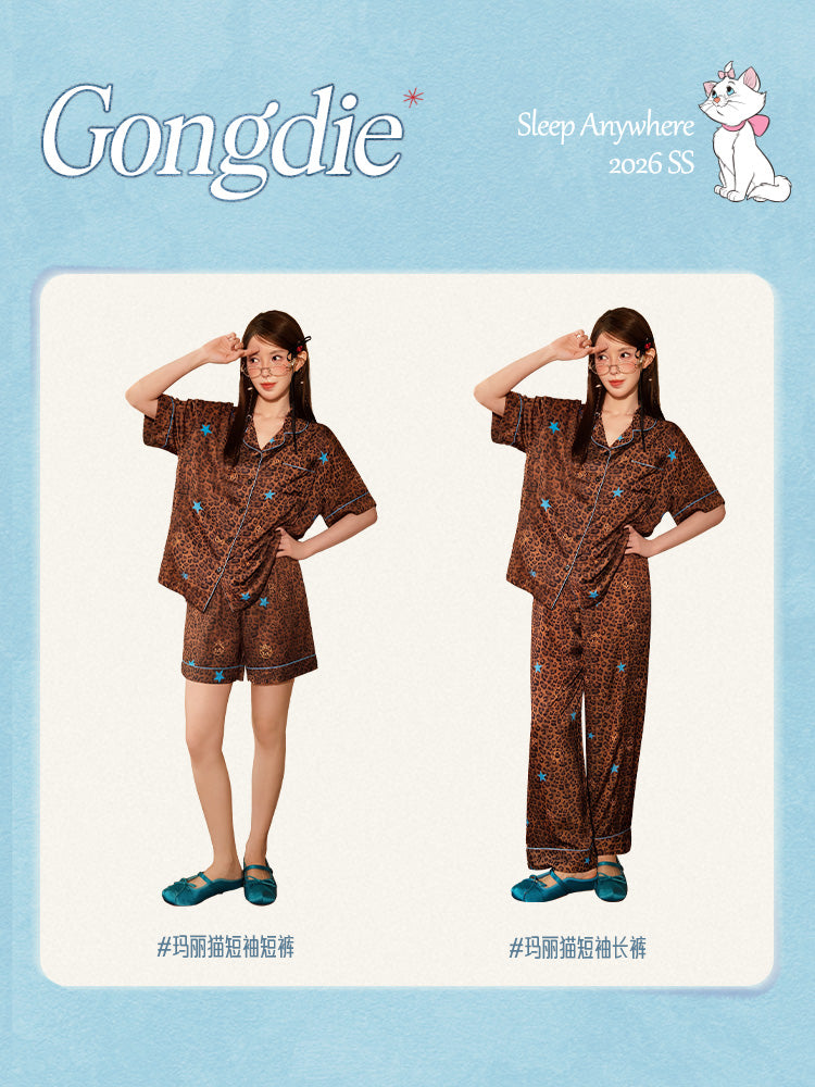 Gongdie [cool type] Disney Marie Cat pijamaları qadınlar üçün yay qısaqol şalvar buz və qar ipək bəbir çaplı ev paltarı