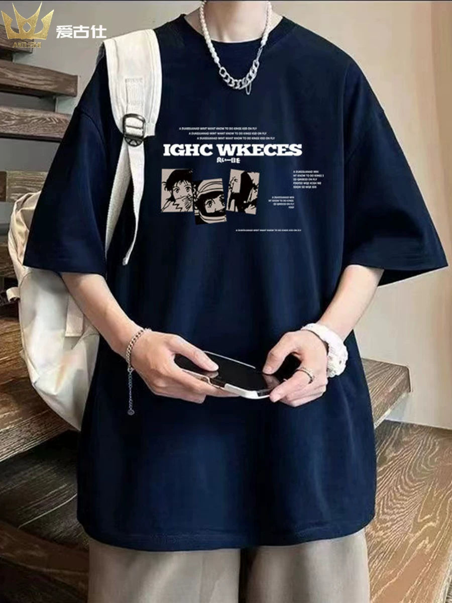 Bordo moda brendi köynək kişilər üçün ağır çəkili təmiz pambıq qısaqol ice-feel Amerika yüksək küçə anime yay buz ipək yarımqol köynək