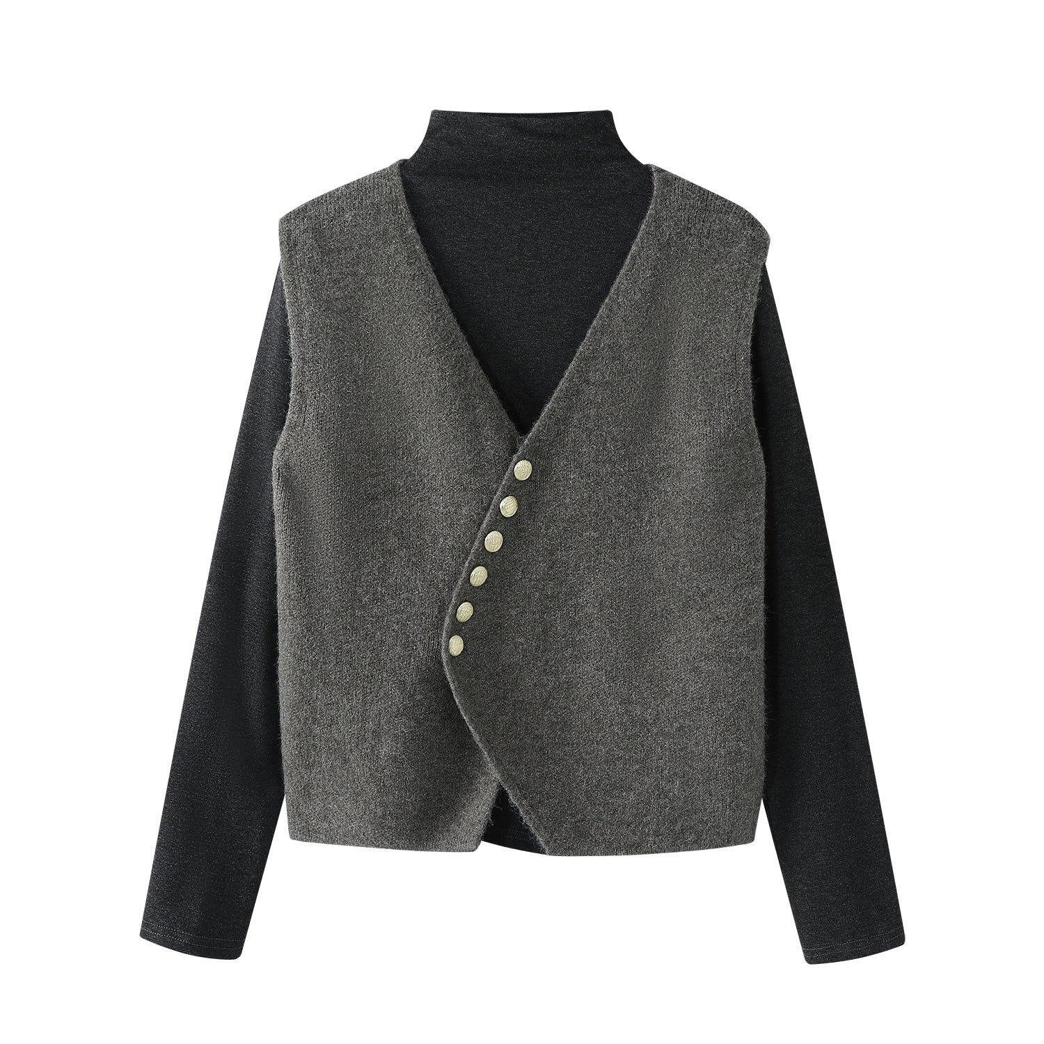 Cholisa boz sviter Koreya üslubunda tənbəl üslubda payız və qış dəsti qadın jilet kardiqan yarı hündür yaxalı toxunma sviter iki hissəli dəst