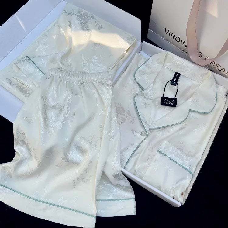 Qadınlar üçün milli üslubda vintage pijama, buz ipəkdən qısaqol üç parça kostyum, yaz və yay yeni nazik kəsik, yüksək səviyyəli ev geyimi döş yastığı