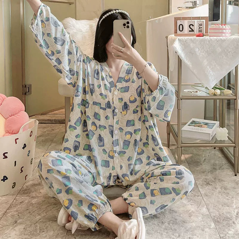 Qadınlar üçün 2026 yeni pambıq ipək pijama, yay süni pambıqlı ev paltarları, yay üç rüb qollu kostyumlar, çöldə geyilə bilər
