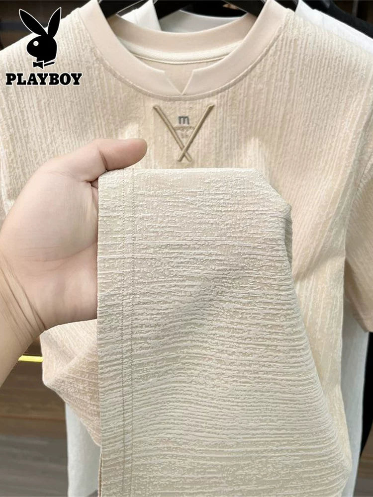 Playboy buz ipək qısaqol kişi yay kiçik V dəyirmi boyun top moda trendi çox yönlü sərin köynək