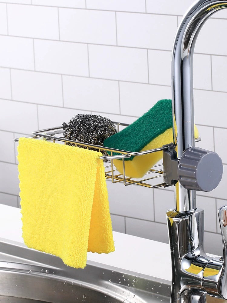 Mətbəx üçün kran rəfi, qabyuyan yuyucu, lavabo çarxı, drenaj səbəti, süngər fırçası, yuyucu disk, cır-cındır saxlama rəfi