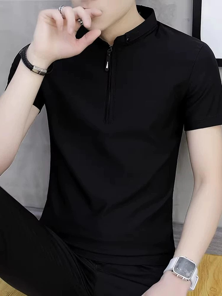 2026 Yay Qısaqol T-Shirt Kişi Polo Köynək Buz İpək Stend Yaxa Bərk Rəng Trendy Gündəlik Çox Yönlü Buz T-shirt