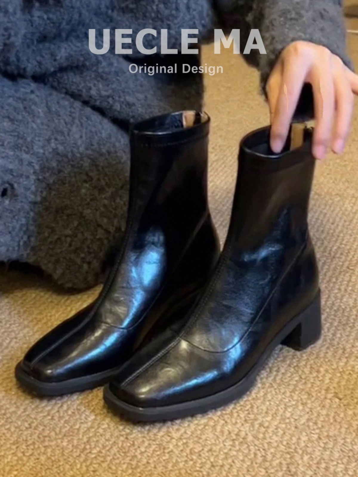 Qadınlar üçün dəri hündürdaban çəkmələr, 2025 payız/qış yeni dəbi, kvadrat burunlu Martin çəkmələri, kiçik fransız üslubunda qalın dabanlı nazik çəkmələr.